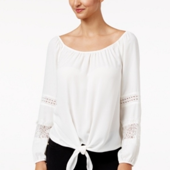 Thalia Sodi Boat Neck Lace Inset Tie Front Blouse - Picture 1 of 6
